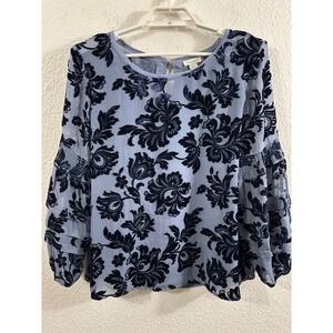 Sundance Blue Velvet Burnout Floral Smocked Tiered Sleeve Peasant Blouse Small